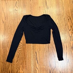 Unbranded Ribbed Long Sleeve Crop Top Sweetheart Neck Cinched Black S
